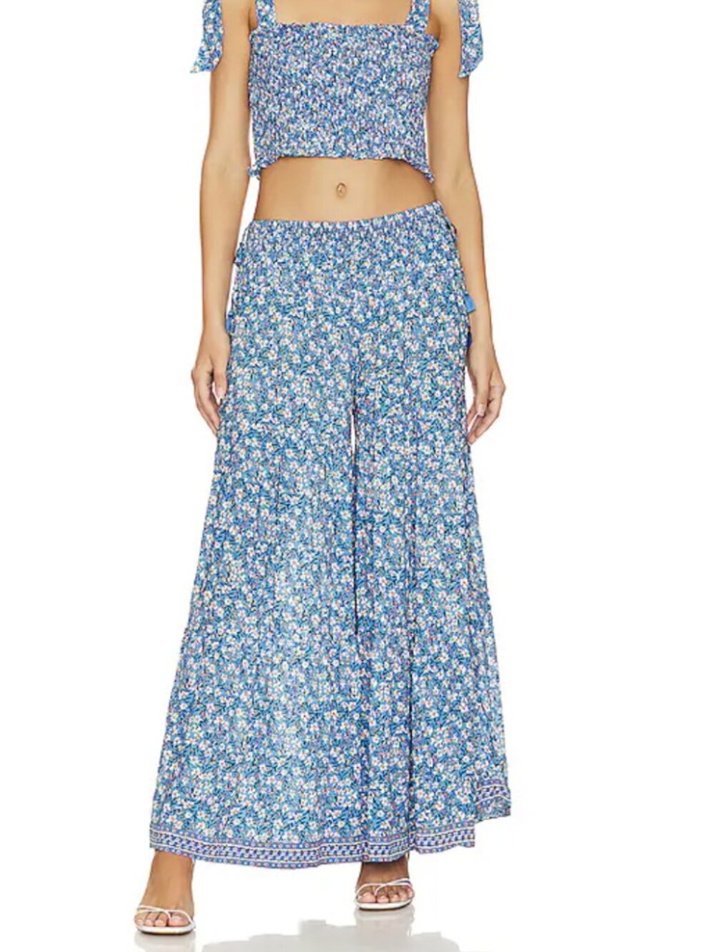 Poupette St Barth Soledad Wide Leg Tiered Pants L Blue Paquerette Floral Tassels